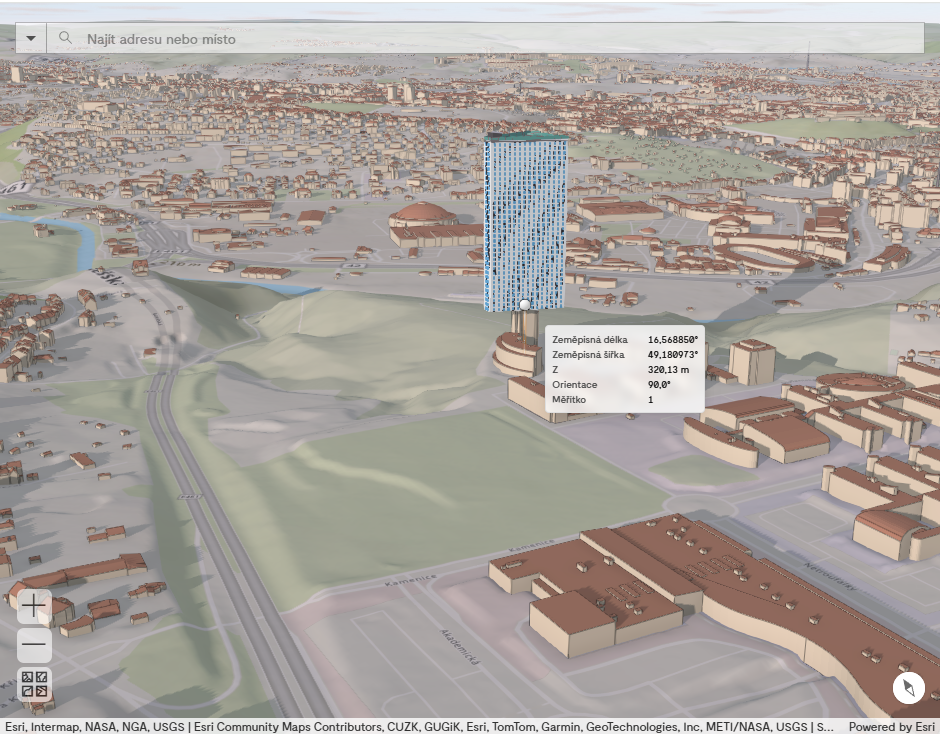 Obr. 4 Přichycení vloženého modelu na budovu z 3D modelu Brna