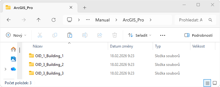 Obr. 30 Složka s vytvořenými prvky z exportu z ArcGIS Pro