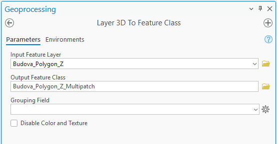 Obr. 8 Geoprocesingový nástroj Layer 3D To Feature Class (3D Analyst)