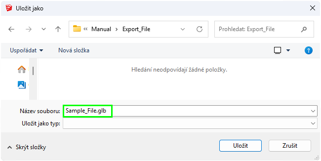 Obr. 27 Korektně zadaný název i s extenzi .glb