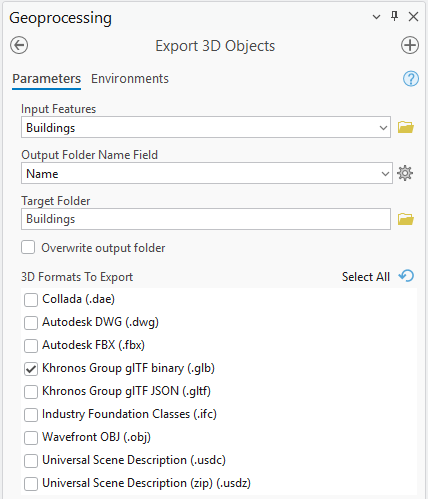 Obr. 14 Geoprocesingový nástroj Export 3D Objects