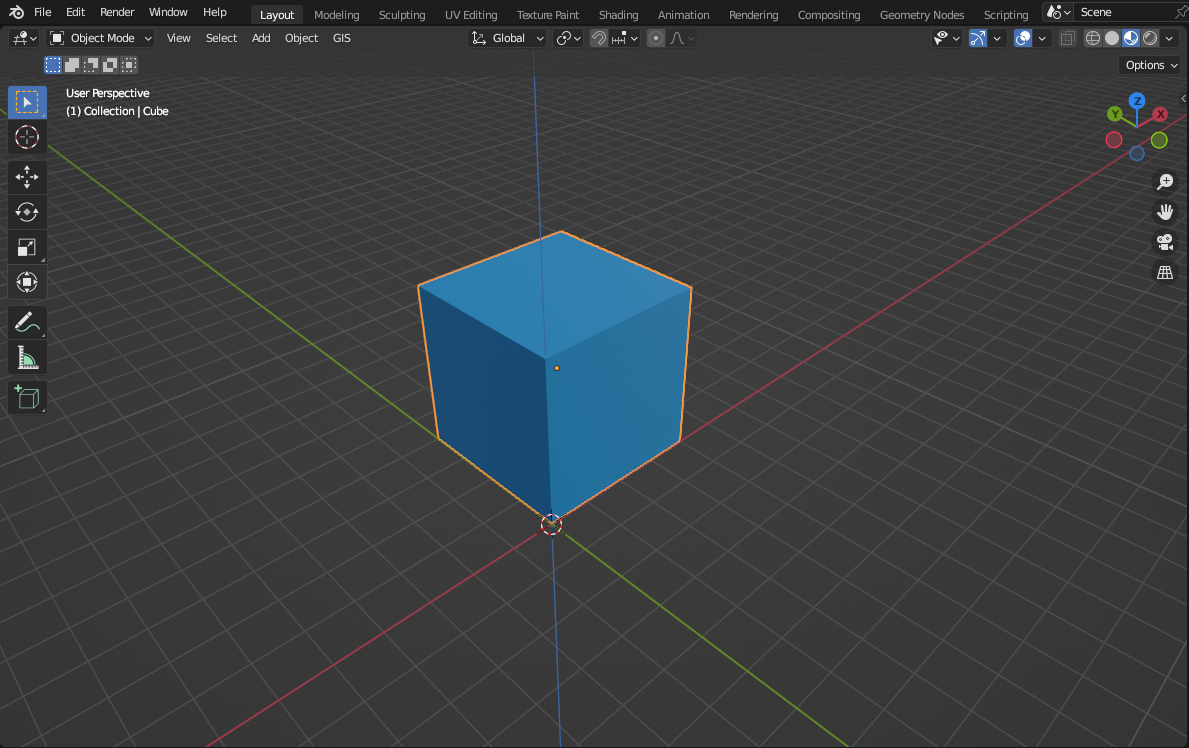 Obr. 16 Krychle v prostředí softwaru Blender